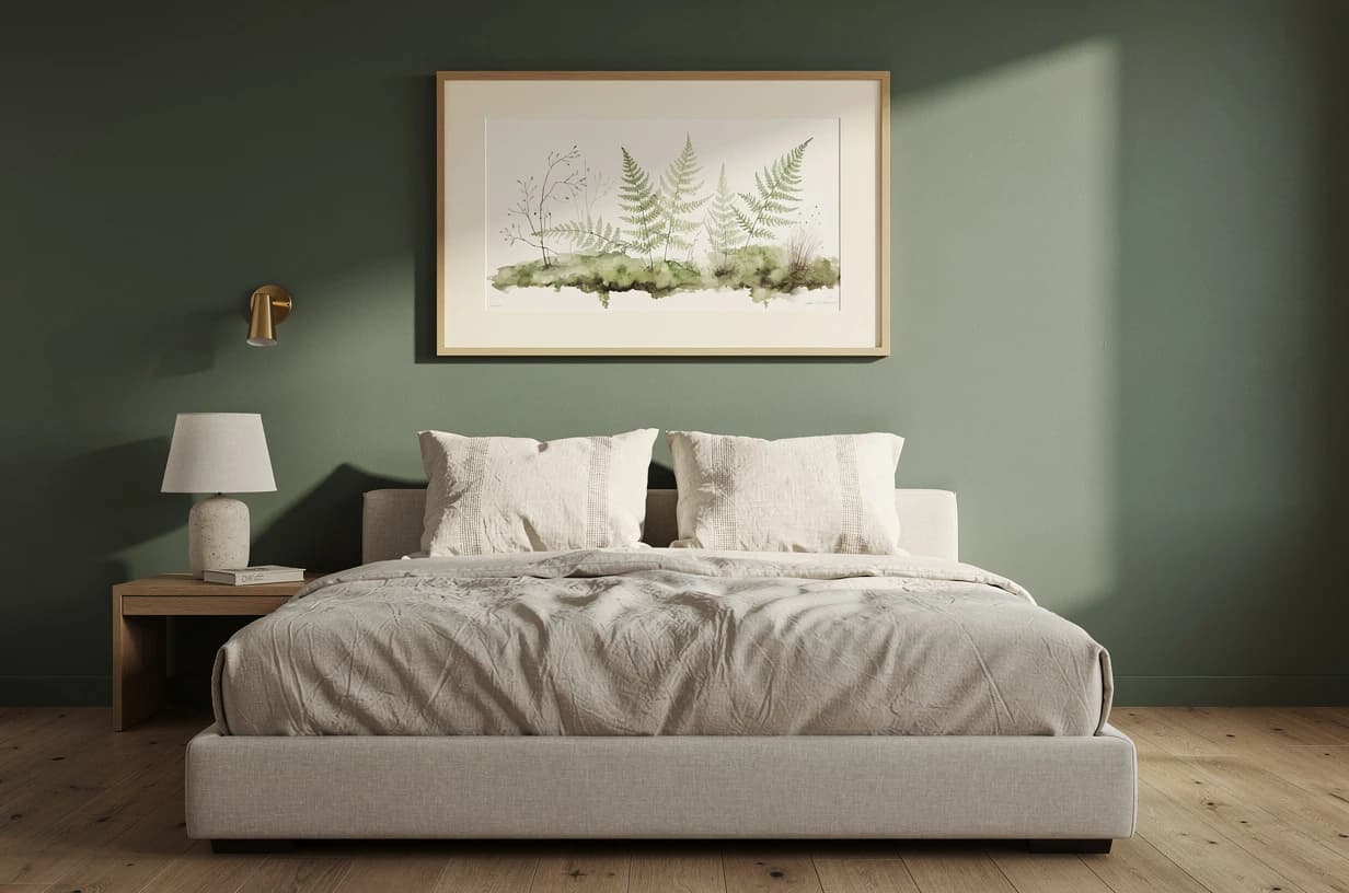Schlafzimmer mit grüner Wand